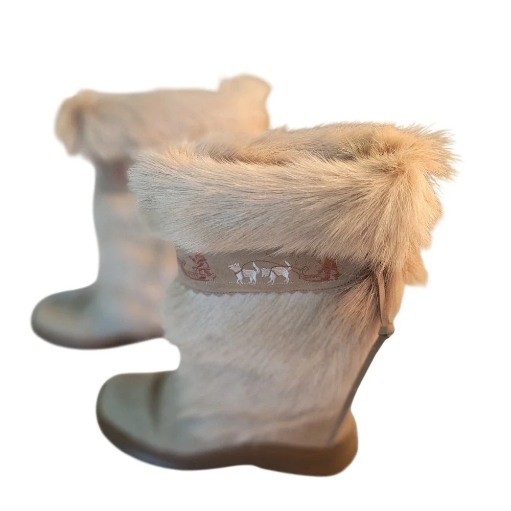 Winna‎ Italian Fur Après Ski Boots Dog Sled Embroidery Tan Leather Womens 41